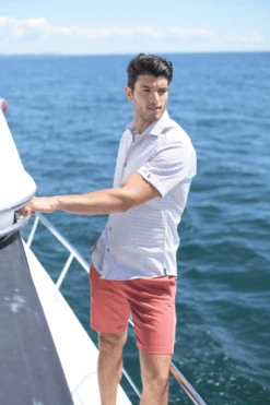 7 Downie Men's Shorts In Red Super Soft Brushed Cotton With 4-way Stretch