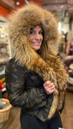 Bergen Of Norway Womens Ashley Camo Finnish Raccoon Fur Winter Bomber Jacket 5 Bergen Of Norway Womens Ashley Camo Finnish Raccoon Fur Winter Bomber Jacket -Western Denim Store BergenOfNorwayShortBomberWinterJacketCamoAshleyShortCamoWinterfurJacketwithFur