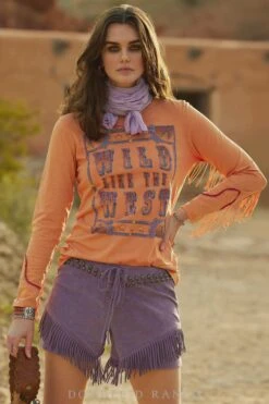 Double D Ranch Wild Like The West Women's Tee In Peach Of The Billy The Kid Collection
