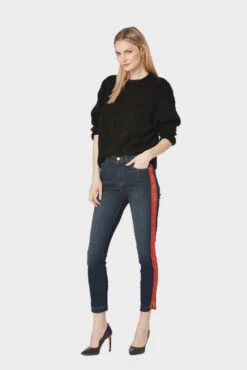 Etienne Marcel Indigo Zip Ribbon Womens Skinny Jeans With Red Tuxedo Stripe