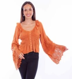 Scully Scullly HC860 Crochet Bell Sleeve In Russet