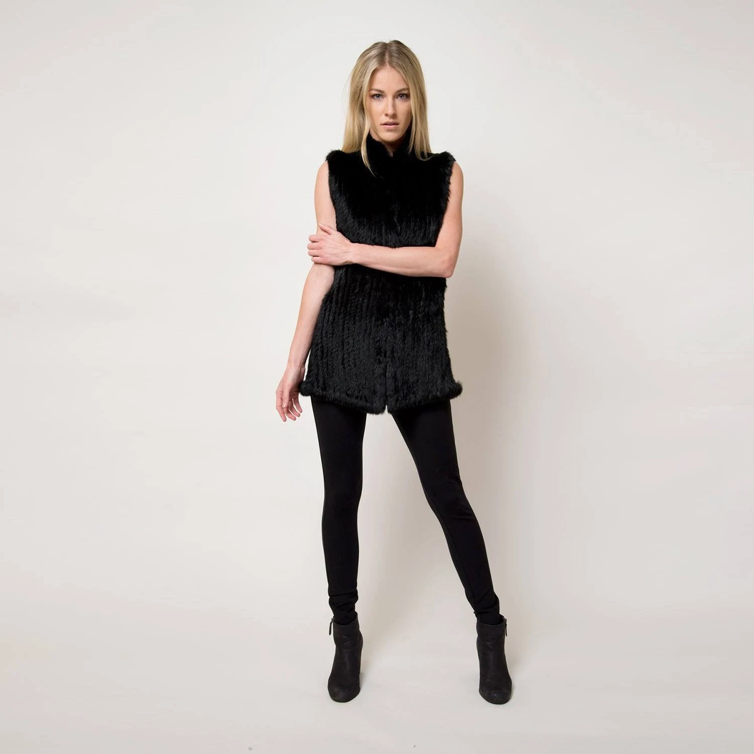 Love Token Cowl Neck Rabbit Fur Vest In Black