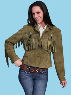 Scully Women's Fringe Leather Jacket In Olive With Beads L152