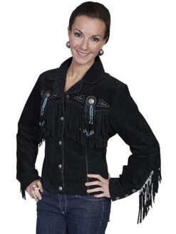 Scully Women's Black Fringe Bead Leather Jacket LD L152