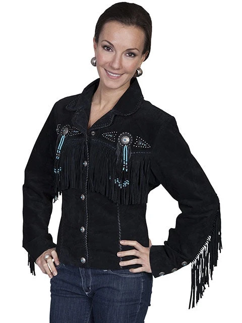 Scully Women's Black Fringe Bead Leather Jacket LD L152 1 Scully Women's Black Fringe Bead Leather Jacket LD L152